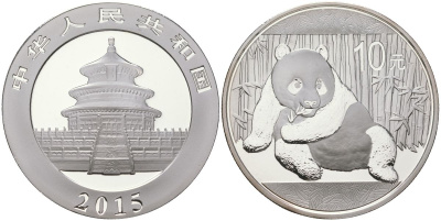 Китай 10 юаней 2015 сидящая панда KM NEW серебро BUNC 1080-4-44