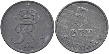 ДАНИЯ 5 ЭРЕ 1962 C; S, ФРЕДЕРИК IX (1947-1972) KM 843.2 цинк 38-422