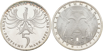 ФРГ 5 марок 1978 F, 225 ЛЕТ СО ДНЯ СМЕРТИ БАЛЬТАЗАРА НЕЙМАНА KM 148, J.423 серебро 88-245