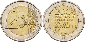 Франция 2 евро 2008 председательство в ЕС KM 1459 биметалл UNC 4389-815