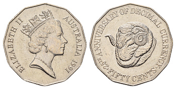 Австралия 50 центов 1991 25 лет переходу на десятичную систему национальной валюты KM 139 медно-никель UNC 4672-244