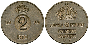 Швеция 2 эре 1959 Густав VI Адольф (1950-1973) KM 821 бронза 4167-344