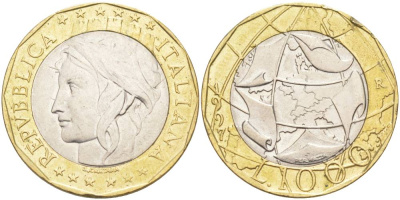 ИТАЛИЯ 1000 ЛИР 1997 R, ЕВРОСОЮЗ KM 194 биметалл 4545-815