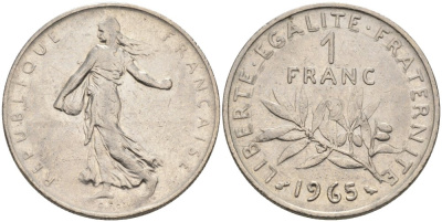 Франция 1 франк 1965 сеятель KM 925.1, Le Franc 226.9 никель 4391-1227