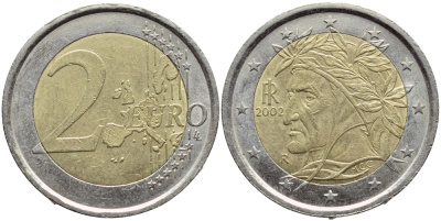 Италия 2 евро 2002 Данте Алигьери KM 217 биметалл 4397-554