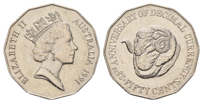 Австралия 50 центов 1991 25 лет переходу на десятичную систему национальной валюты KM 139 медно-никель UNC 4672-244