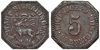 Германия, Зигмаринген 5 пфеннигов 1918 Баден-Вюртемберг, нотгельд железо 4119-927