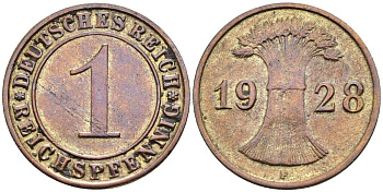 ГЕРМАНИЯ 1 РЕЙХСПФЕННИГ 1928 F KM 37, J. 313, Weege 2 бронза 4547-129