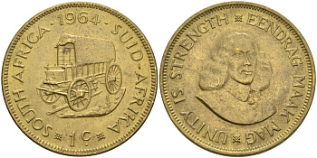 ЮАР 1 цент 1964 Ян ван Рибек, повозка KM 57 латунь 4574-1134