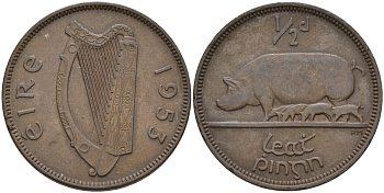 Ирландия 1/2 пенни 1953 свинья с поросятами KM 10 бронза 4146-544