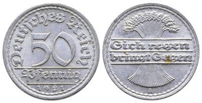 Германия 50 пфеннигов 1921 A KM 27, J.301, Weege 10 алюминий 4380-832