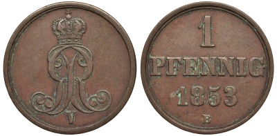 Ганновер 1 пфенниг 1853 B, Георг V KM 221, AKS 155, J. 83 медь 4594-251