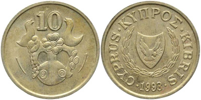 КИПР 10 ЦЕНТОВ 1993 ПТИЧКИ НА ВАЗЕ KM 56.3 никель латунь 113-745