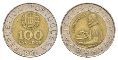 Португалия 100 эскудо 1991 Педру Нуниш (1502-1578), математик KM 645 биметалл 4388-521