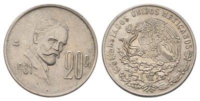 Мексика 20 сентаво 1981 Мо, Игнасио Мадеро KM 442 медно-никель 4580-1247