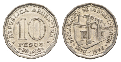 Аргентина 10 песо 1966 150 лет Декларации о Независимости KM 62 сталь плакированная никелем 4637-335
