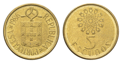 Португалия 5 эскудо 1986 KM 632 никель латунь UNC 4679-536