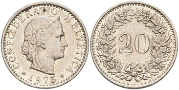 Швейцария 20 раппенов 1975 KM 29a медно-никель 55-943