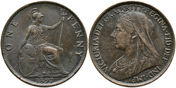 Великобритания 1 пенни 1897 Виктория (1837-1901) KM 790, Spink 3961 бронза 32-216