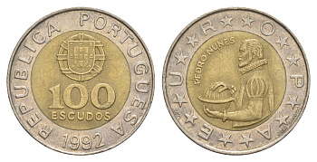 Португалия 100 эскудо 1992 Педру Нуниш (1502-1578), математик KM 645 биметалл 4390-935