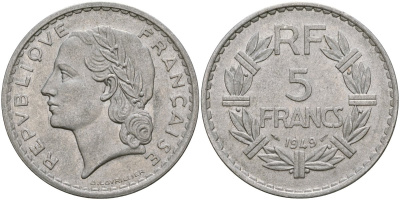 Франция 5 франков 1949 B, тип Лаврилье KM 888b.2, Le Franc 339.19 алюминий 4137-622