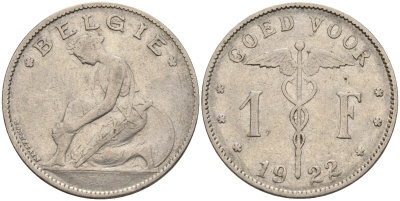 Бельгия 1 франк 1922 Belgique, Альберт I (1910-1934) KM 89 никель 4143-552
