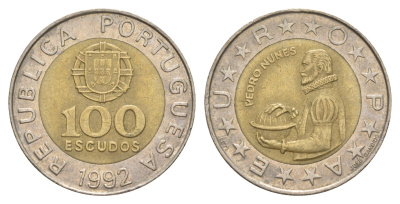 Португалия 100 эскудо 1992 Педру Нуниш (1502-1578), математик KM 645 биметалл 4390-935