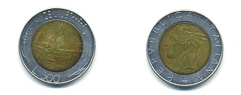 ИТАЛИЯ 500 ЛИР 1987 KM 111 биметалл 56-554