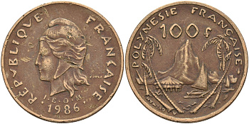 Французская Полинезия 100 франков 1986 KM 14 никель-бронза 4131-1026