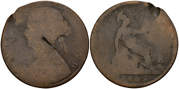 Великобритания 1 пенни 1862 Виктория (1837-1901) KM 749.2, Spink 3954 бронза 4157-134