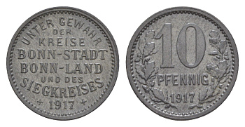 Бонн 10 пфеннигов 1917 Funck 52.2, Men05 3234.2, Men18 4150.2 цинк 4636-1213