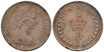 Великобритания 1/2 пенни 1971 Елизавета II (1952-2022) KM 914, Spink 4239 бронза 4609-955