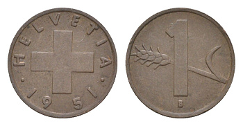 Швейцария 1 раппен 1951 B KM 46 бронза 4630-526