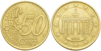ФРГ 50 ЕВРОЦЕНТОВ 2002 J KM 212 латунь 3718-924
