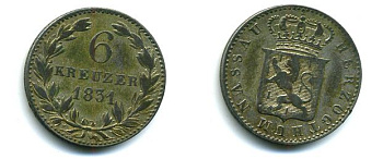 Нассау 6 крейцеров 1834 KM 43 серебро 00-00