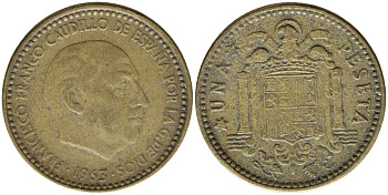 ИСПАНИЯ 1 ПЕСЕТА 1963 (65) ФРАНСИСКО ФРАНКО ДИКТАТОР ИСПАНИИ (1939-1975) KM 775 алюминиевая бронза 4397-616