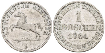 Брауншвейг-Каленберг-Ганновер 1 грош 1864 В, Георг V (1851-1866) KM 236, Jaeger 93, AKS 149 серебро 206-337