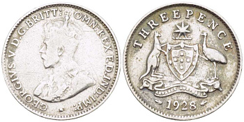 Австралия 3 пенса 1928 m, Георг V (1910-1936), герб Австралии KM 24 серебро 26-1143