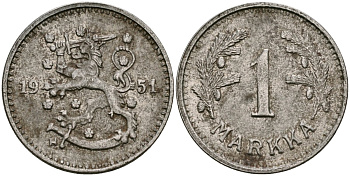 Финляндия 1 марка 1951 Н KM 30b железо 4580-1257