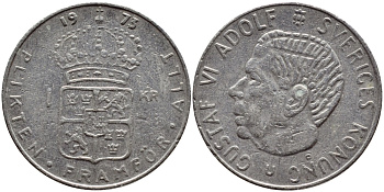 Швеция 1 крона 1973 Густав VI Адольф (1950-1973) KM 826а медь плакированная медно-никелем 4395-741