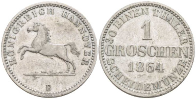 Брауншвейг-Каленберг-Ганновер 1 грош 1864 В, Георг V (1851-1866) KM 236, Jaeger 93, AKS 149 серебро 206-337