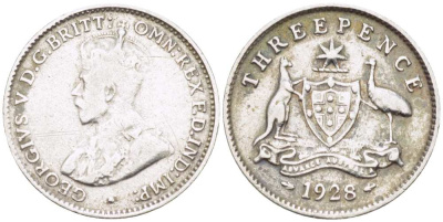 Австралия 3 пенса 1928 m, Георг V (1910-1936), герб Австралии KM 24 серебро 26-1143