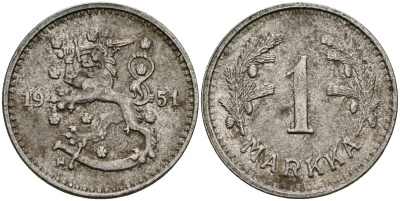 Финляндия 1 марка 1951 Н KM 30b железо 4580-1257