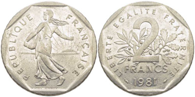 ФРАНЦИЯ 2 ФРАНКА 1981 СЕЯТЕЛЬ KM 942.1, LE FRANC 272.5 никель 111-1114