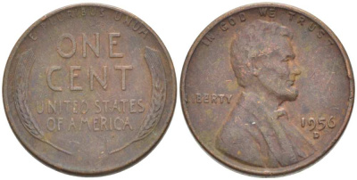 США 1 ЦЕНТ 1956 D, ЛИНКОЛЬН KM А132 медь цинк 3309-1159