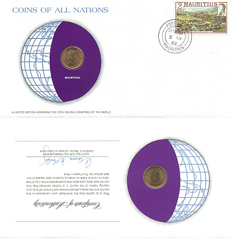 Маврикий 1 цент 1975 КОНВЕРТ С МАРКОЙ ПЕРВОГО ДНЯ ГАШЕНИЯ, COINS OF NATIONS KM 31 бронза UNC 4294-65-3