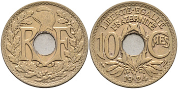 Франция 10 сантимов 1924 тип Линдайё KM 866а медно-никель 4116-452