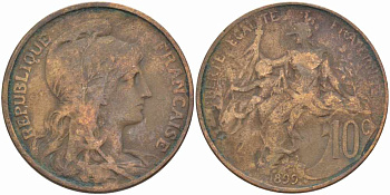 ФРАНЦИЯ 10 САНТИМОВ 1899 ТИП ДАНИЭЛЬ ДЮПЮИ KM 843, LA FRANC 136.8 бронза 109-124