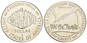 США 1 доллар 1987 S, 200 лет конституции США, в оригинальной коробке KM 220 серебро BU 1-5-3-01