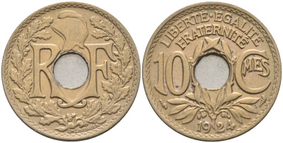Франция 10 сантимов 1924 тип Линдайё KM 866а медно-никель 4116-452